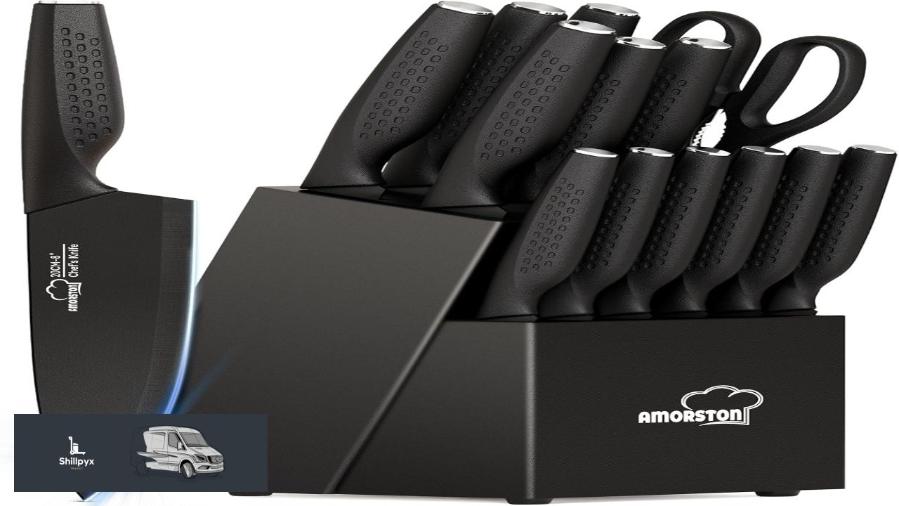 Knife Set 15 Pieces Kitchen Knife Set with Block Built in Sharpener