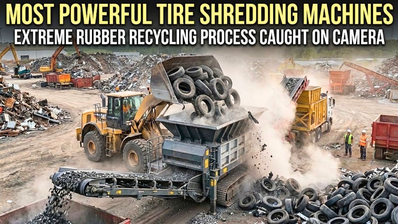 Most Powerful Tire Shredding Machines | Extreme Rubber Recycling Process Caught on Camera