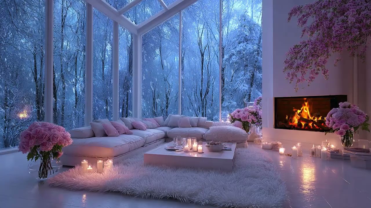 🔥🎼 Calm Winter Piano Lounge | Snow Outside & Cozy Fireplace | Work Study Relax Calm