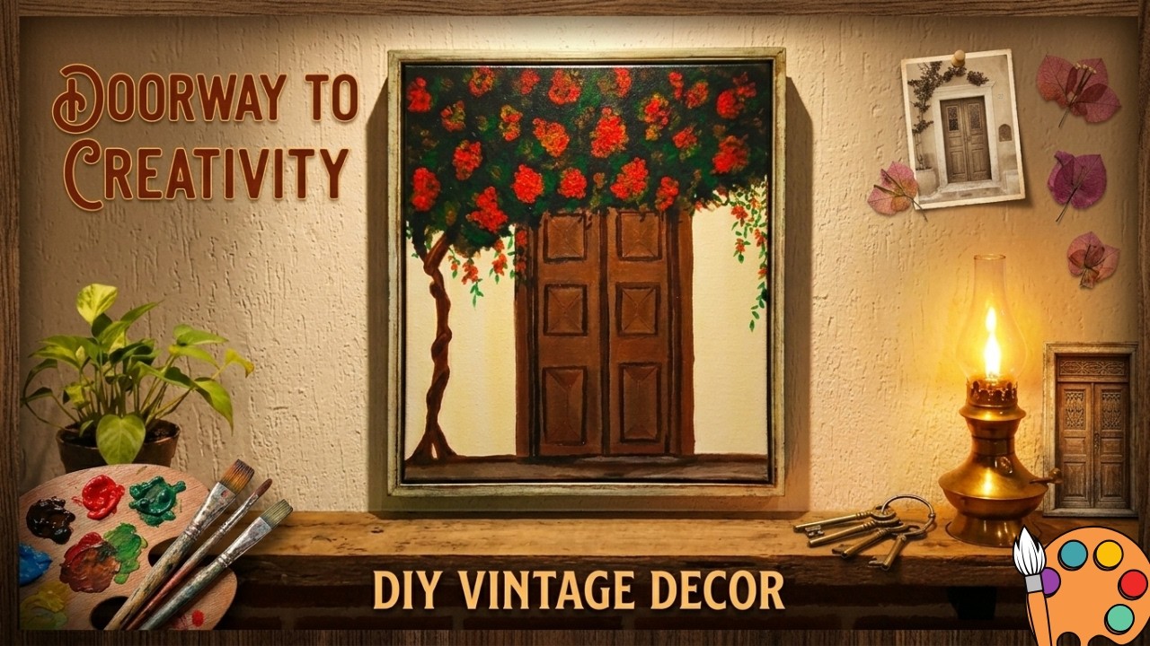 Brown Door with Bougainvillaea Painting|Beautiful Hand-Painted Canvas Art 🎨
