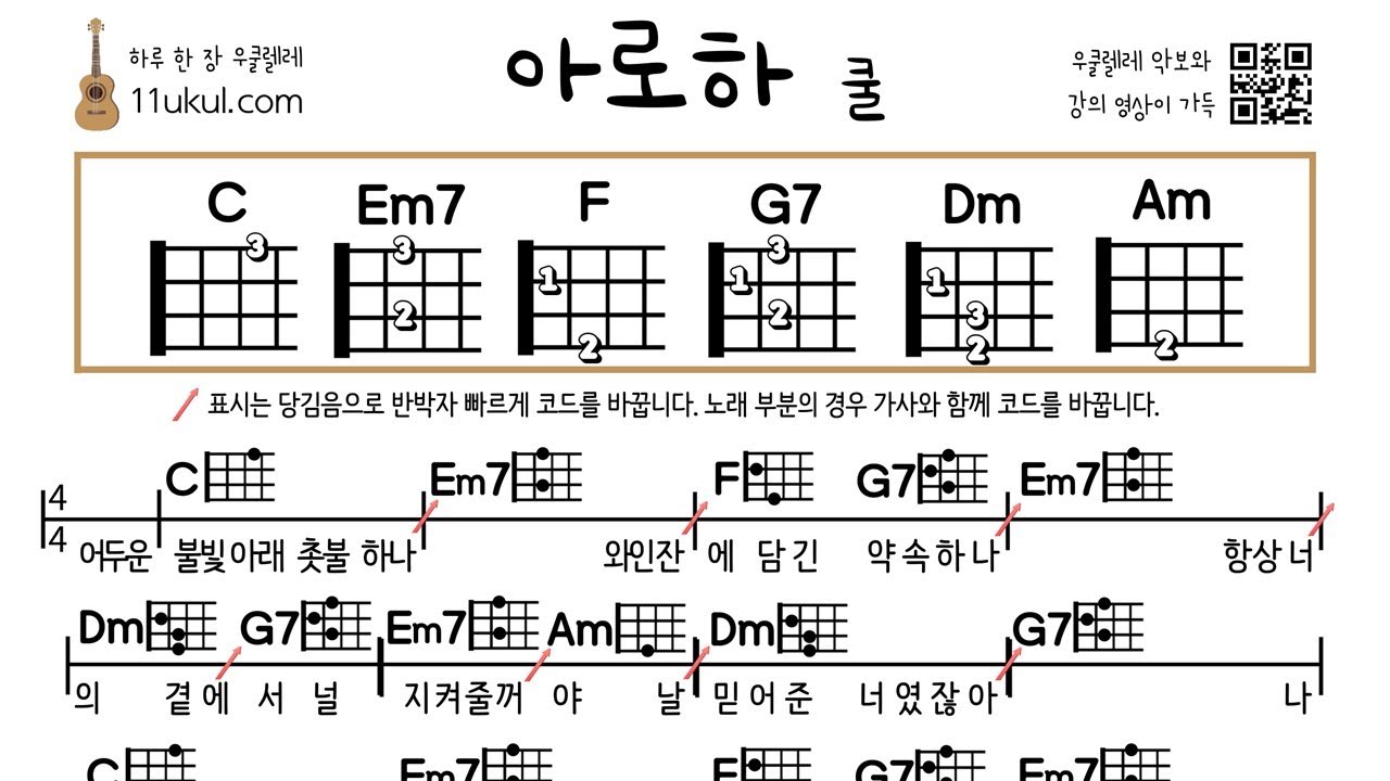 아로하(쿨) 우쿨렐레 쉬운곡 기초 코드 악보 연주