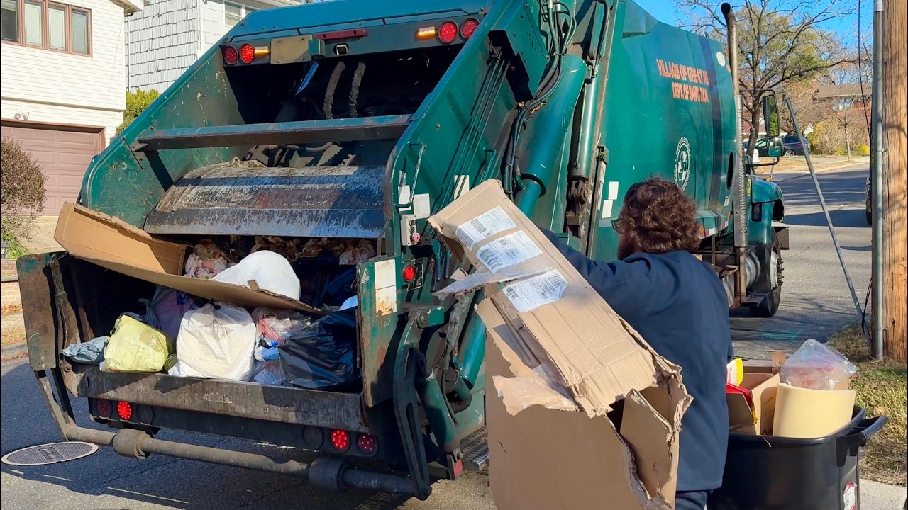 GARBAGE TRUCK VS TWO COUCHES + Heavy Manual Trash | Village of Great Neck dept. of Sanitation