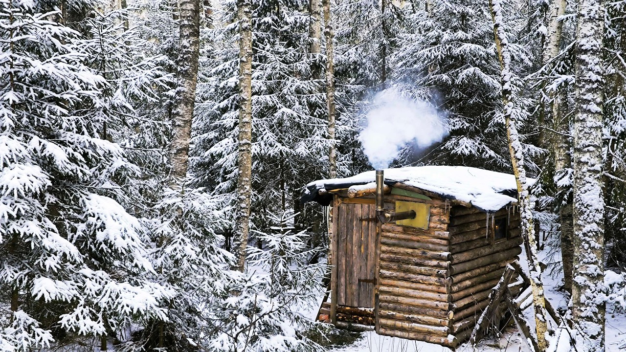 The Forest Hut is now Cozy. I installed a Stove. Night in the Winter Forest.