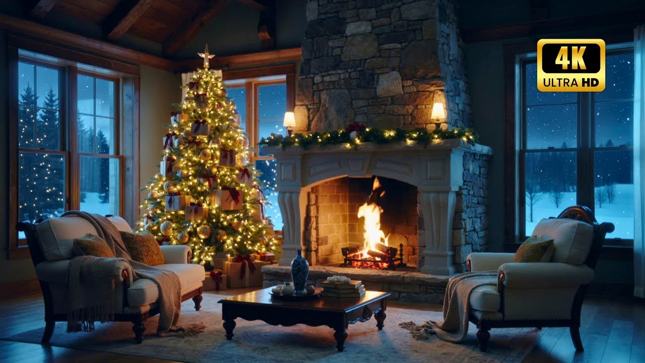 Cozy Fireplace with Snow Outside | Relaxing Winter Ambience 4K