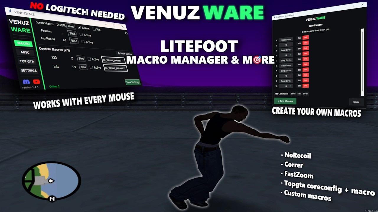 MTA:SA LITEFOOT MACRO MANAGER WITHOUT LOGITECH (CREATE YOUR OWN MACROS) CORRER LITEFOOT NORECOIL