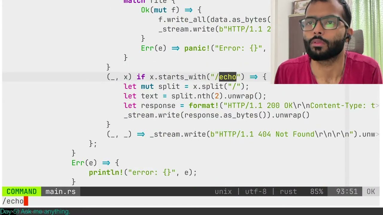 Day 5 building my own HTTP server in RUST | codecrafters.io