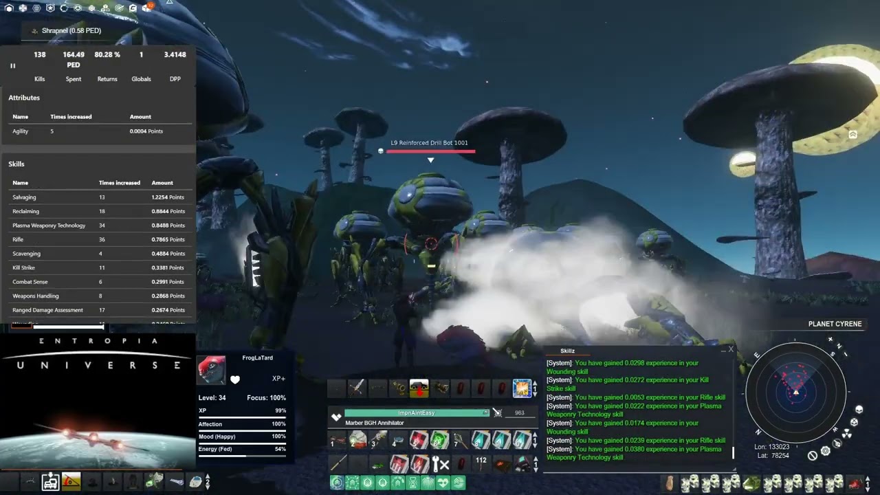 Entropia Skill Gains vs hp to level