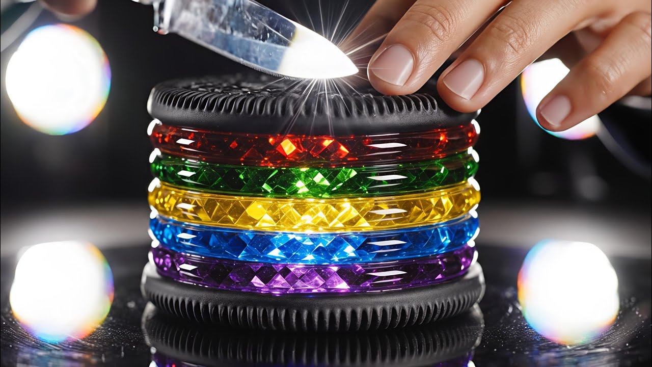 Glass Rainbow Oreo Cake ASMR Slicing Prompts (Ultra-Realistic Crystal Style)