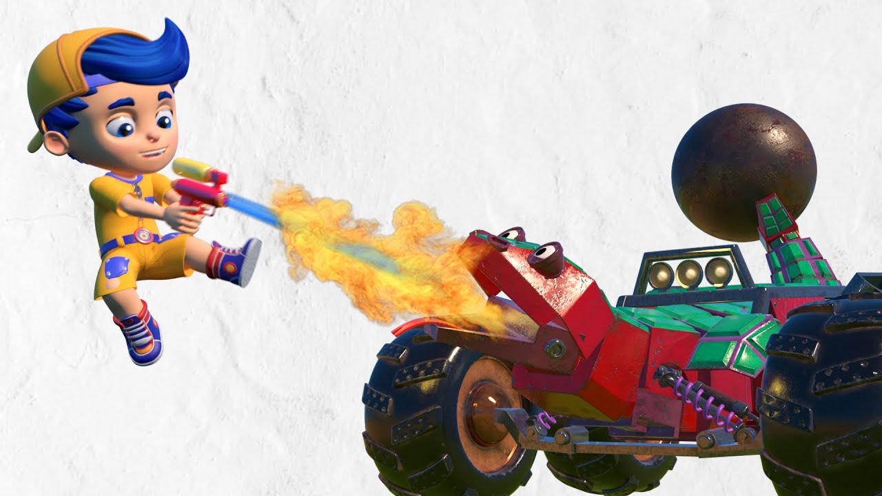 AnimaCars - Jonny does a WATER GUN battle with the Wrecking Ball LIZARD - cartoons with truck&animal