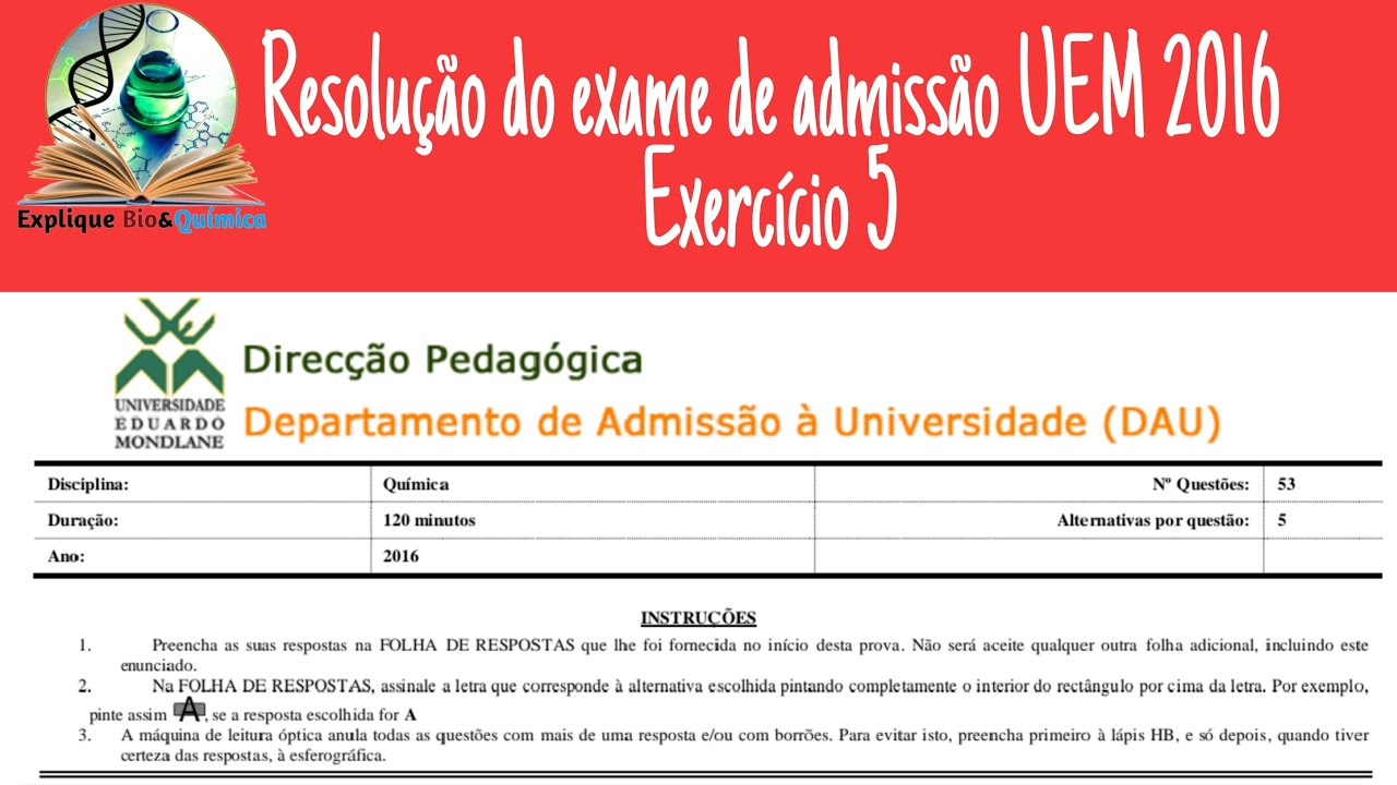 Resolução de exame de admissão UEM.  Exame de Química 2016 exercício 5