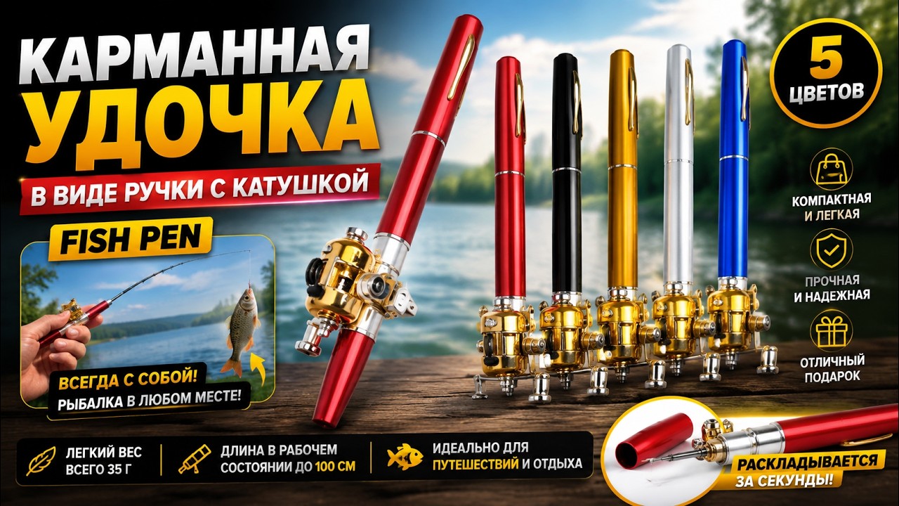 Карманная удочка в виде ручки с катушкой Fish Pen
