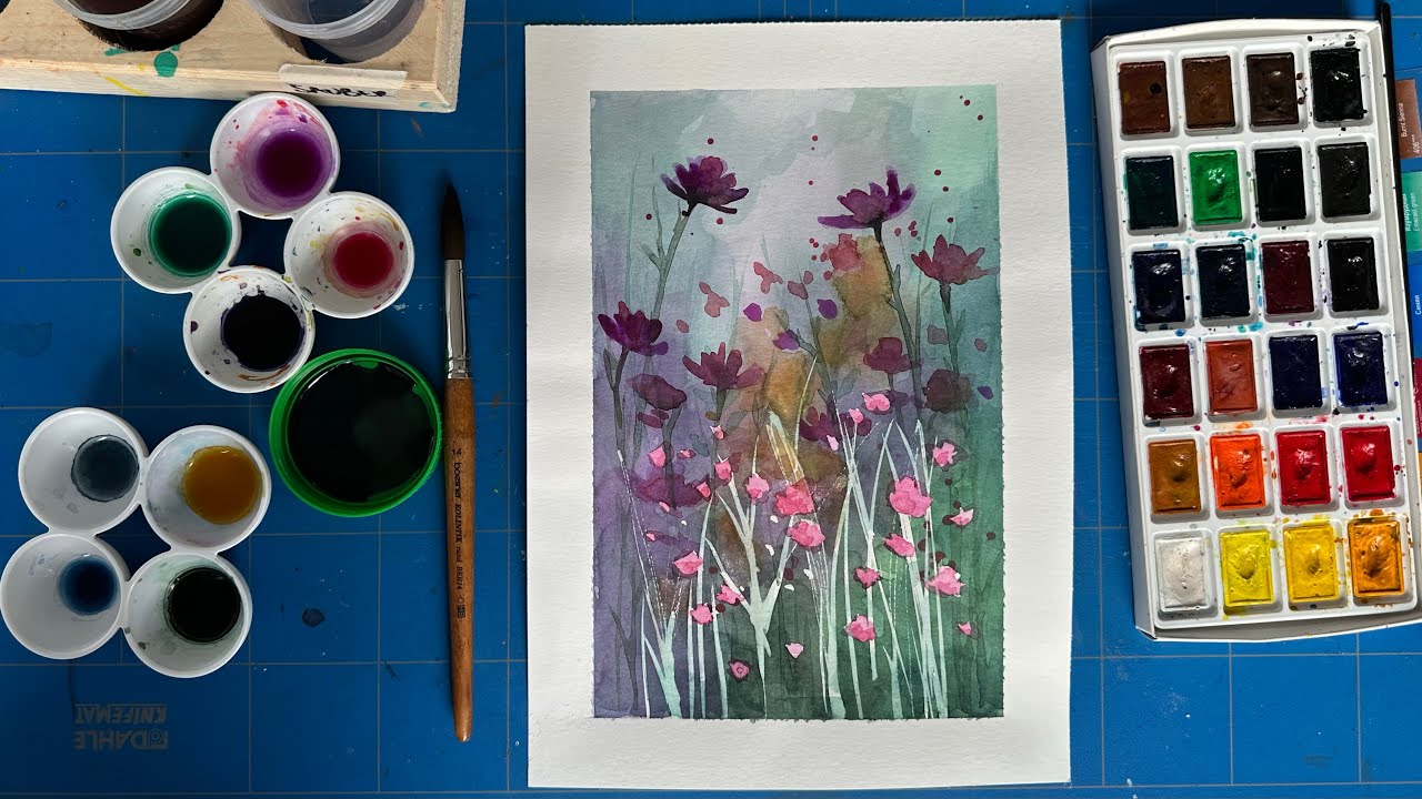 Painting Of Flowers Field In Watercolor