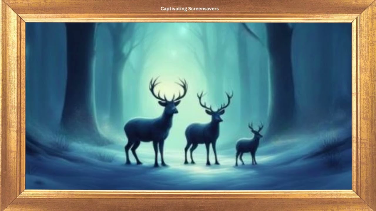 Three Deer Standing in a Snowy Forest | Winter Background | Gold Framed Art | No Sound