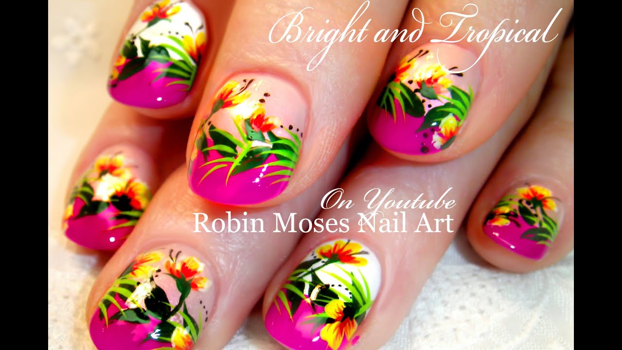 Hot Pink Tropical Neon flower Nails | Neon Tip Nail Art design tutorial