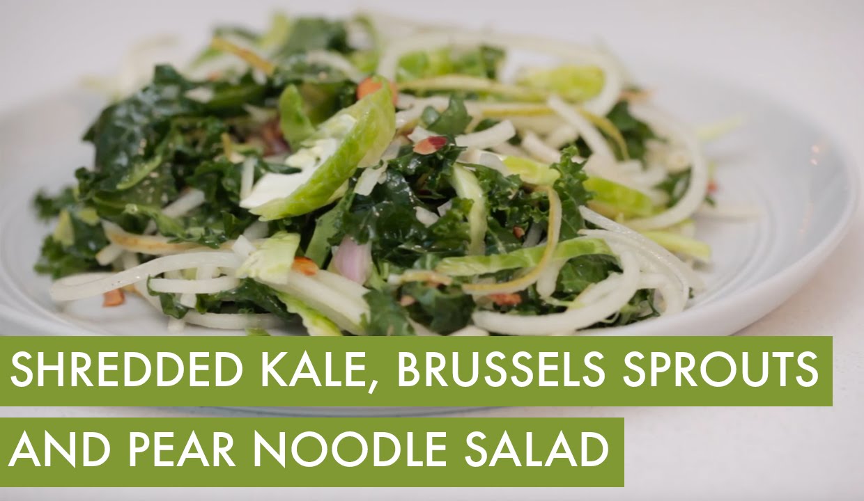 Shredded Kale, Brussels Sprouts, and Spiralized Pear Salad I Vegetarian Spiralizer Recipe