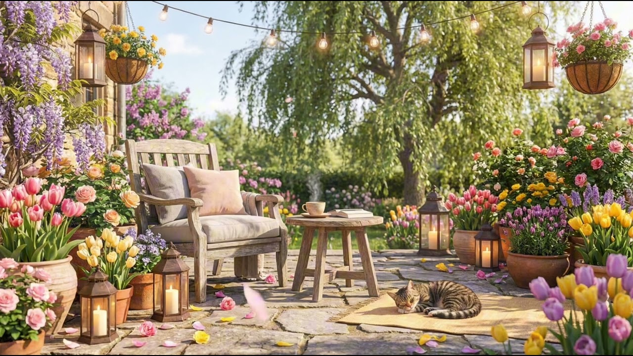 Cozy Spring Garden Patio 🌸 Relaxing Music & Flower Ambience (3 Hours)