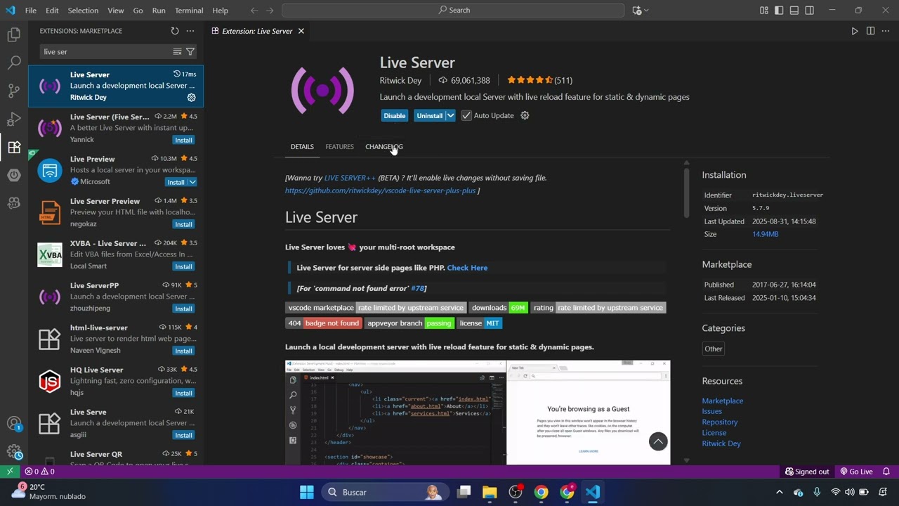 How to install the Live Server extension in Visual Studio Code.