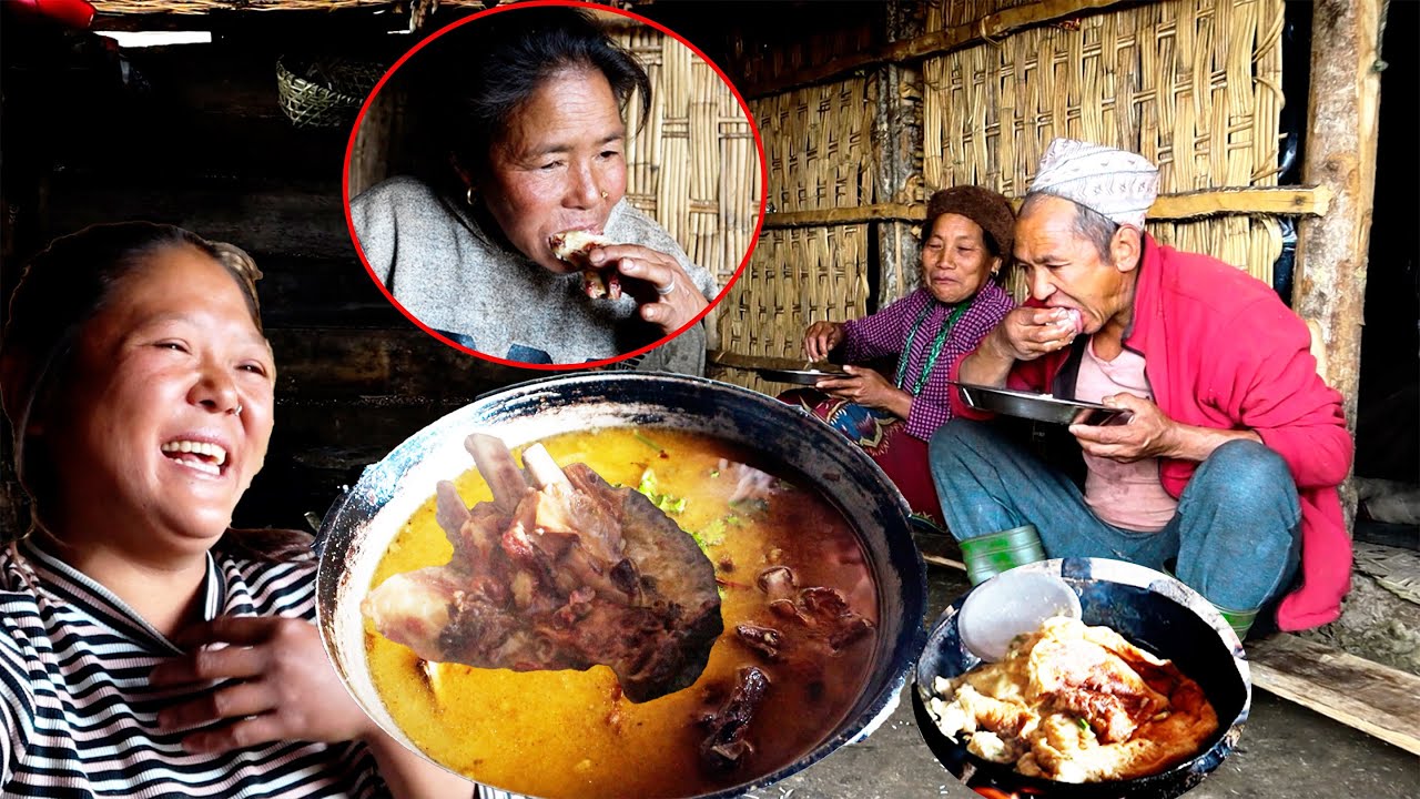 Pork & egg in Lunch || jungle man has village sister guest ||