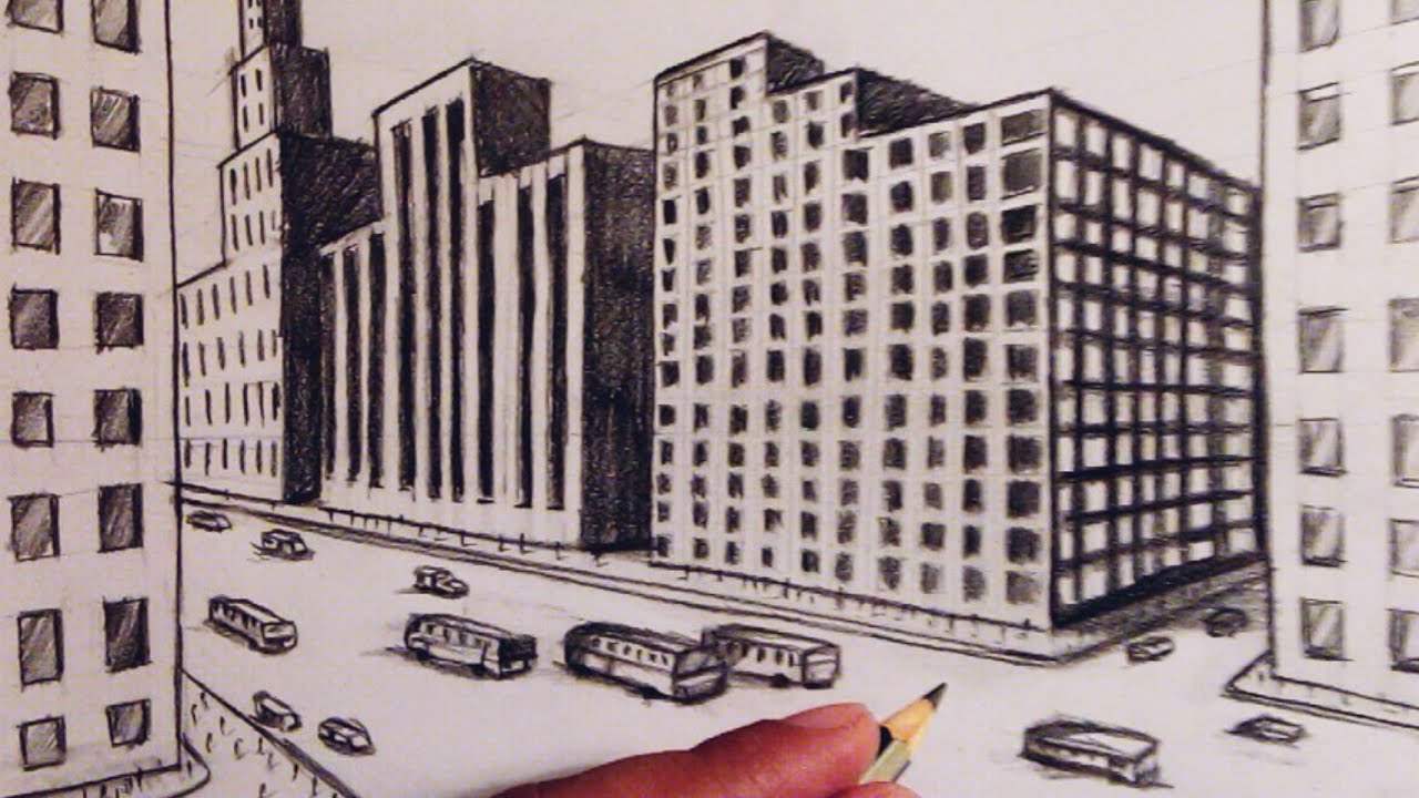 How to draw using two point perspective:Draw city building view.