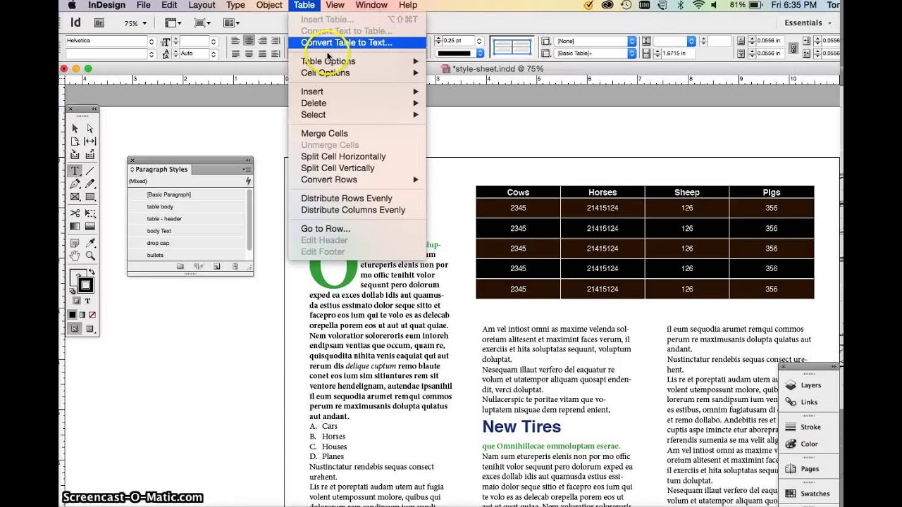 InDesign adding tables table styles