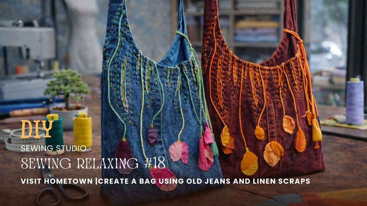 [sewing relaxing]#18 Visit hometown |Create a bag using old jeans and linen scraps | アップサイクル布クラフト