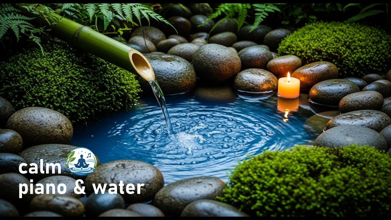 Ambient Piano, River Stream & Bamboo Water Fountain Sounds for Stress Relief