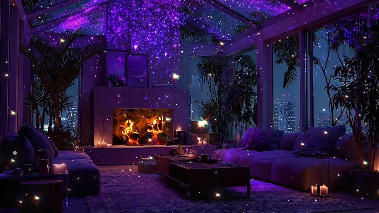 Chill Piano & Fireplace Ambience in a Purple Room  Deep Relaxation & Stress Relief