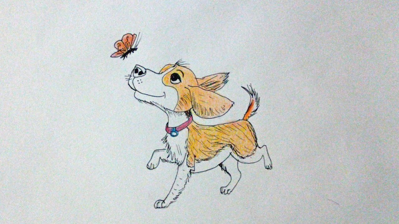  วาดภาพระบายสีไม้การ์ตูนสุนัขก Drawing and coloring a cartoon picture of a dog and a butterfly. 