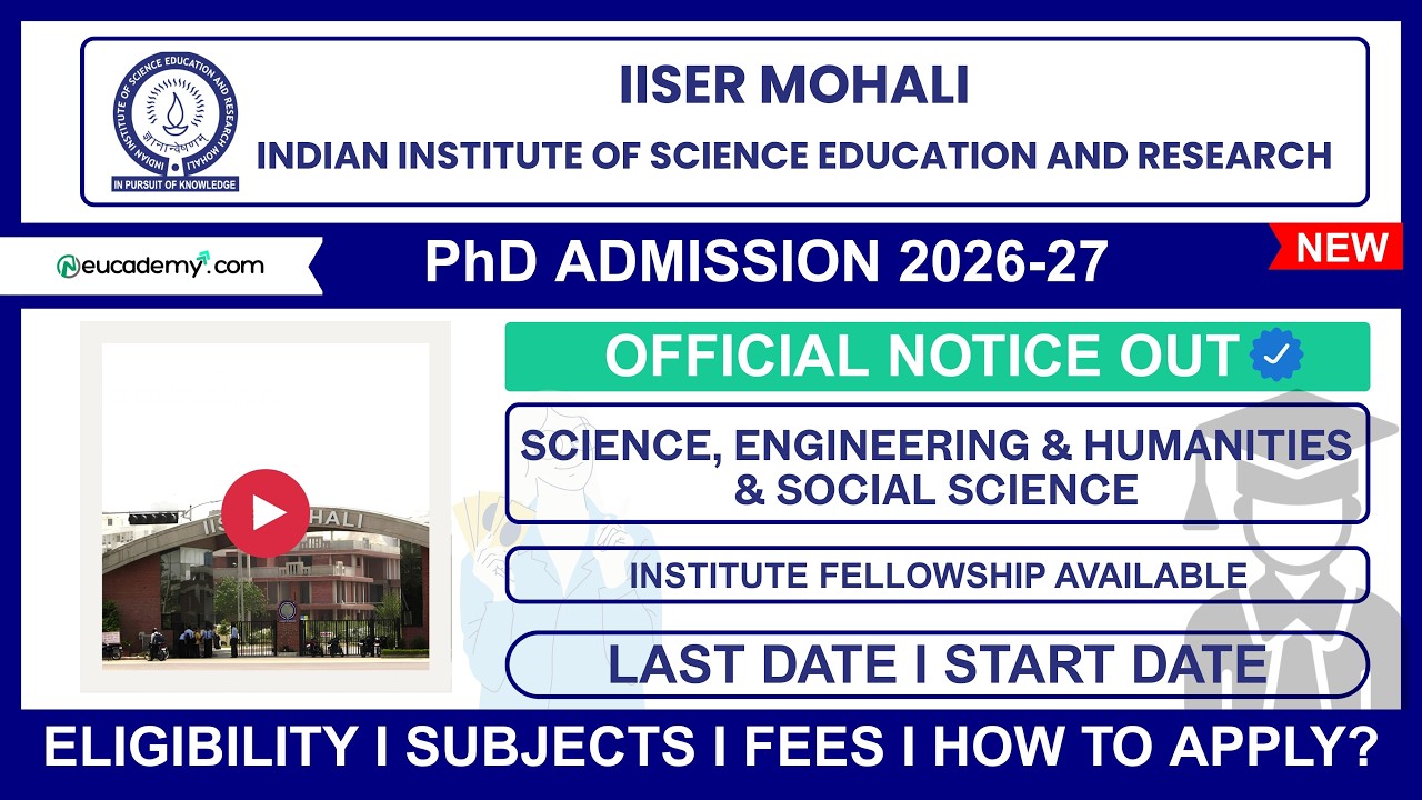 IISER Mohali PhD Admission 2026-27 Notification| Eligibility, Last Date, Subjects, Seats, Fellowship