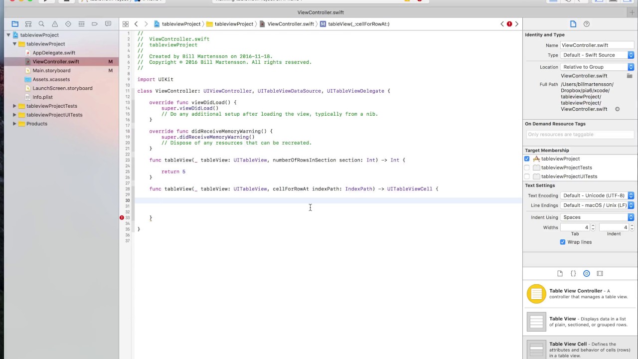 Xcode Swift TableView introduction tutorial part 1/2