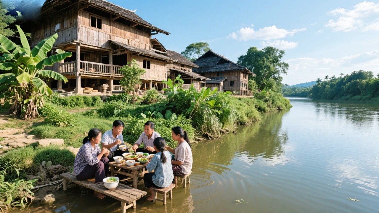 河边发现一个村寨，仅有一家留守村寨，山环水抱绿树成荫，一幅大自然美丽的水墨画就此产生！【乡村阿泰】