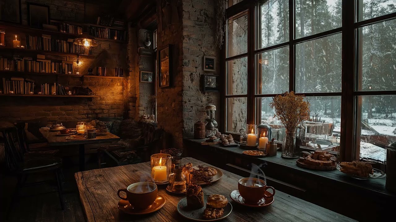 Warm Café Ambience with Snowy Street Views and Gentle Piano Sounds for Deep Focus and Calm