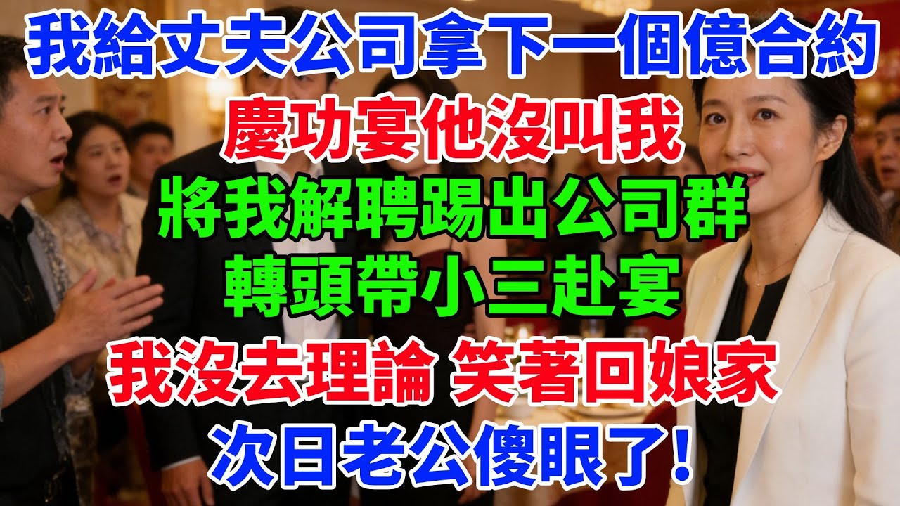 我給丈夫公司拿下一個億合約，慶功宴他沒叫我將我解聘踢出公司羣，轉頭帶小三赴宴。我沒去理論，笑著回孃家。次日老公傻眼了!#故事頻道#情感故事#家庭故事#婆媳