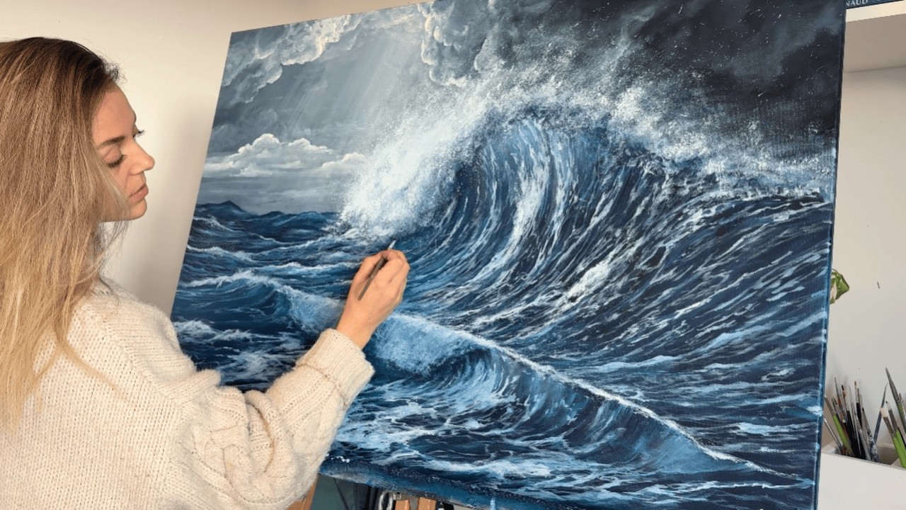TUTO COMMENT PEINDRE L'ORAGE EN PLEINE MER - Peinture acrylique pour artistes inter & confirmés 🌊⚡