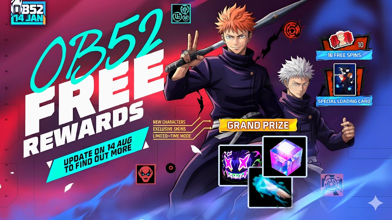 OB52 Update FREE Rewards 🎁 | Jujutsu Kaisen Collab |😱| FF NEW EVENT Today | FREE FIRE NEW EVENT