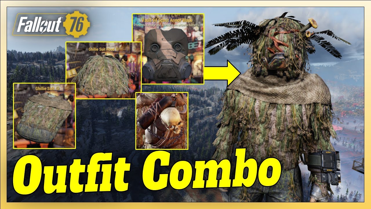 Fallout 76 Outfit Combo | Ghillie Suit & Hood combined with Vault 94 Scout Mask + Raider Bag = EPIC!
