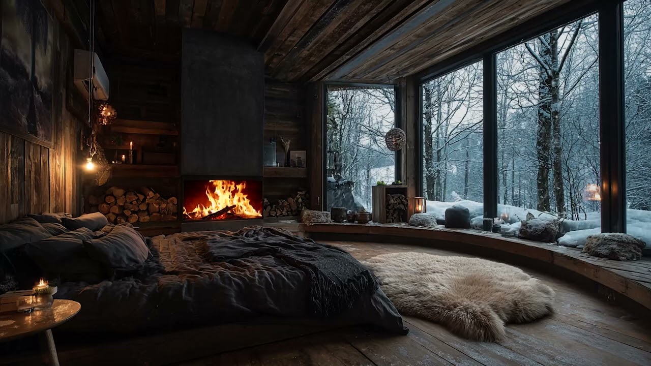 Winter Snow Wind with Cozy Fireplace for Insomnia Healing, Anxiety Relief and Restful Sleep