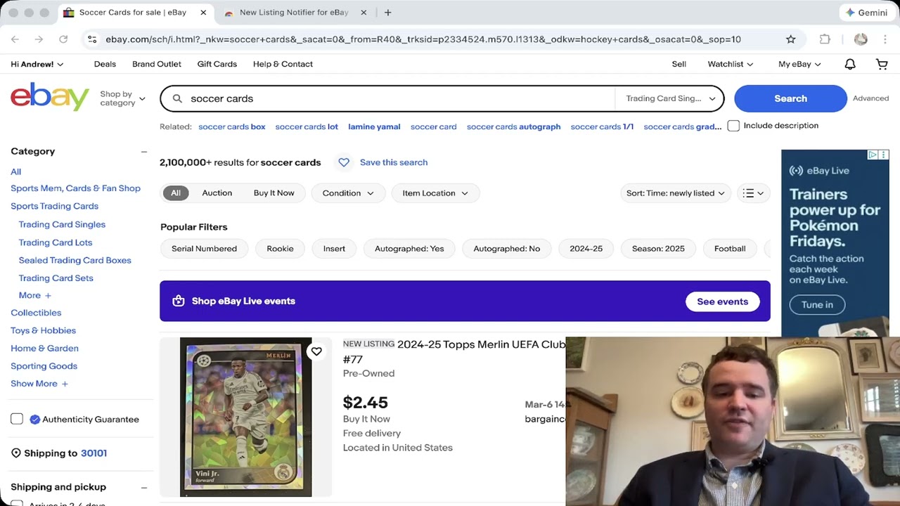 Collecting soccer cards, and know when new listings appear on eBay. New Chrome extension.
