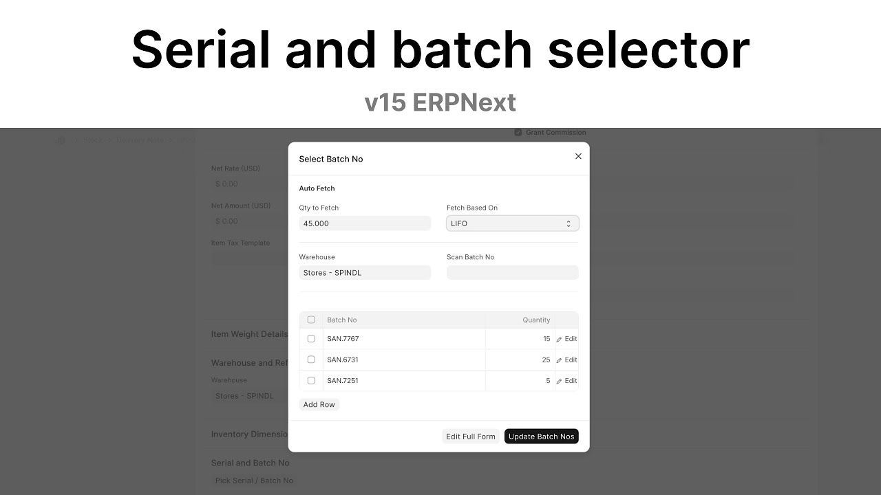 Serial and batch selector | ERPNext v15