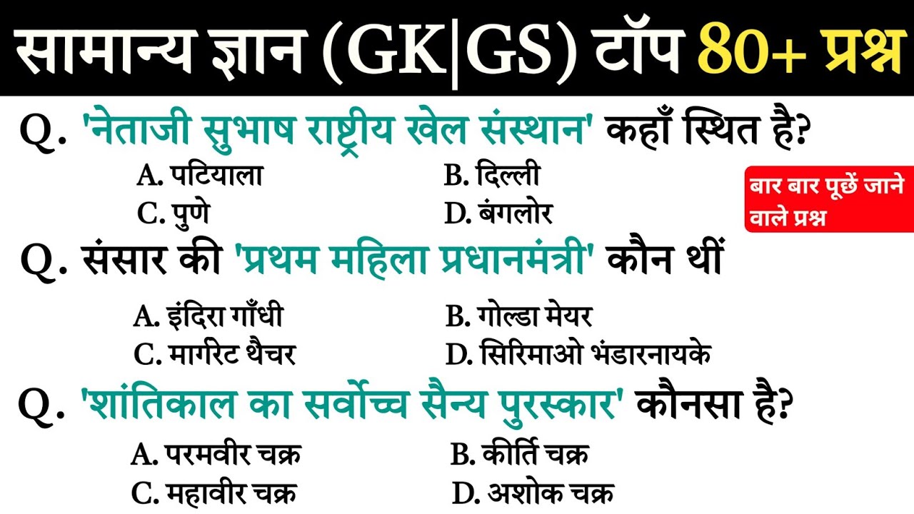 सामान्य ज्ञान | General Knowledge | Top 80 Gk GS questions | SSC GD, MTS, RPF, CRPF | GK quiz