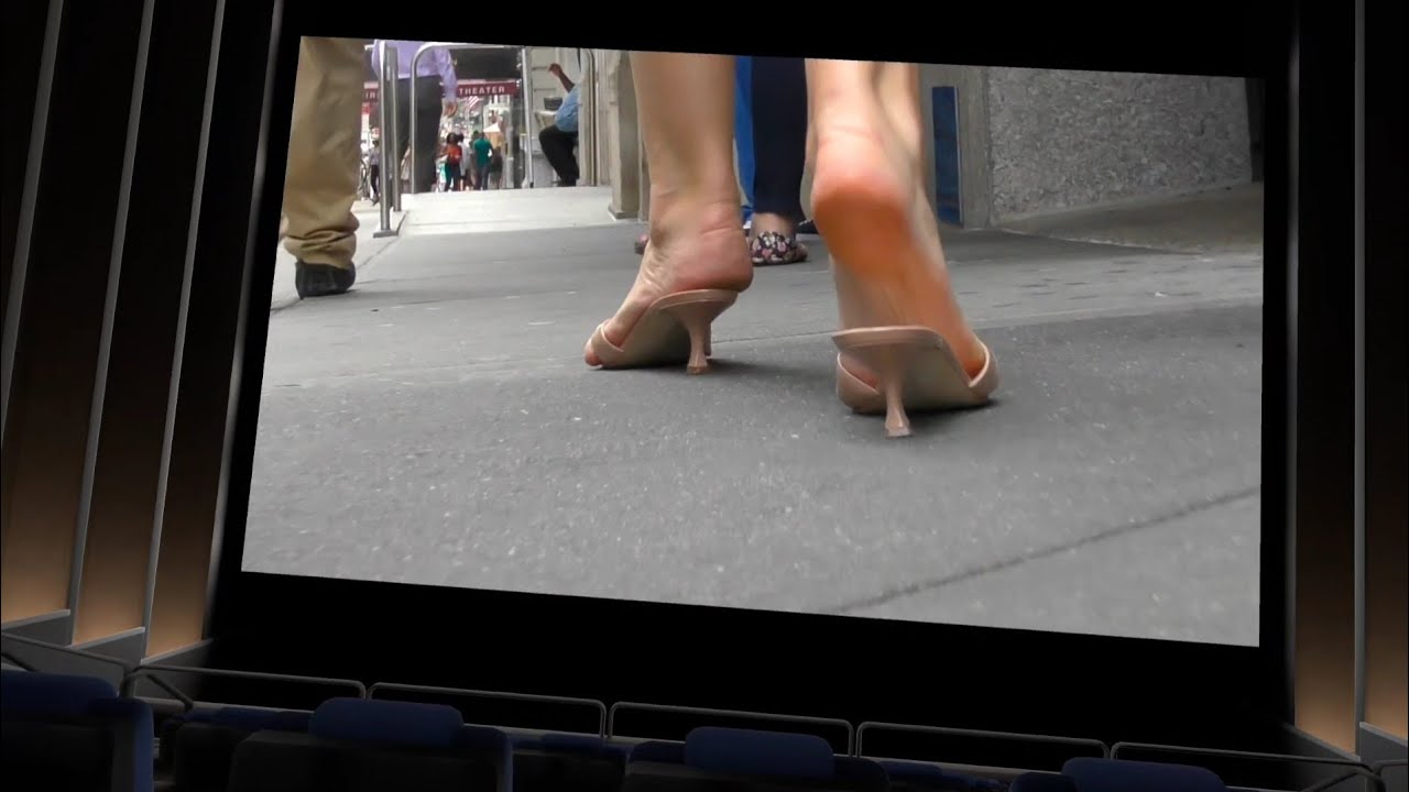 Candid Feet In Low Mule Heels Walking In The City 