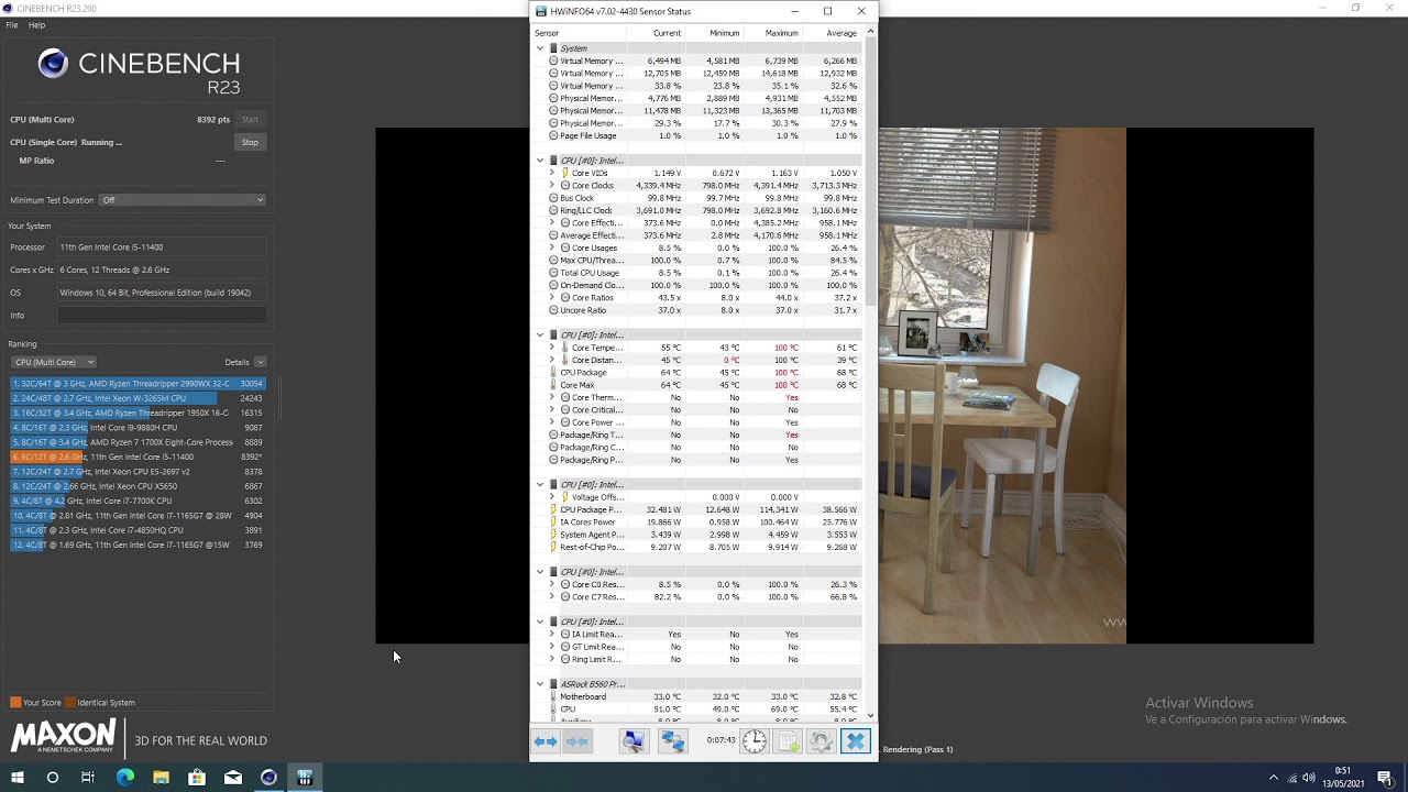 Intel Core i5 11400 Power usage and Thermals on Stock Cooler Test #3 (Cinebench R23)