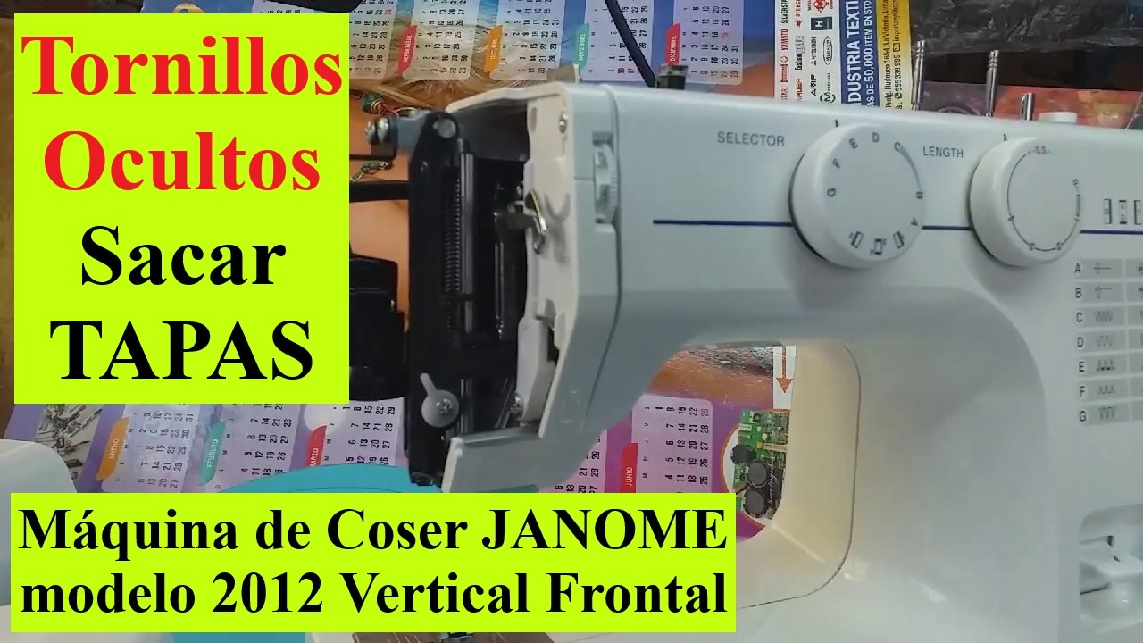Sacar TAPAS Tornillos Ocultos Máquina de Coser JANOME modelo 2012 Vertical Frontal.