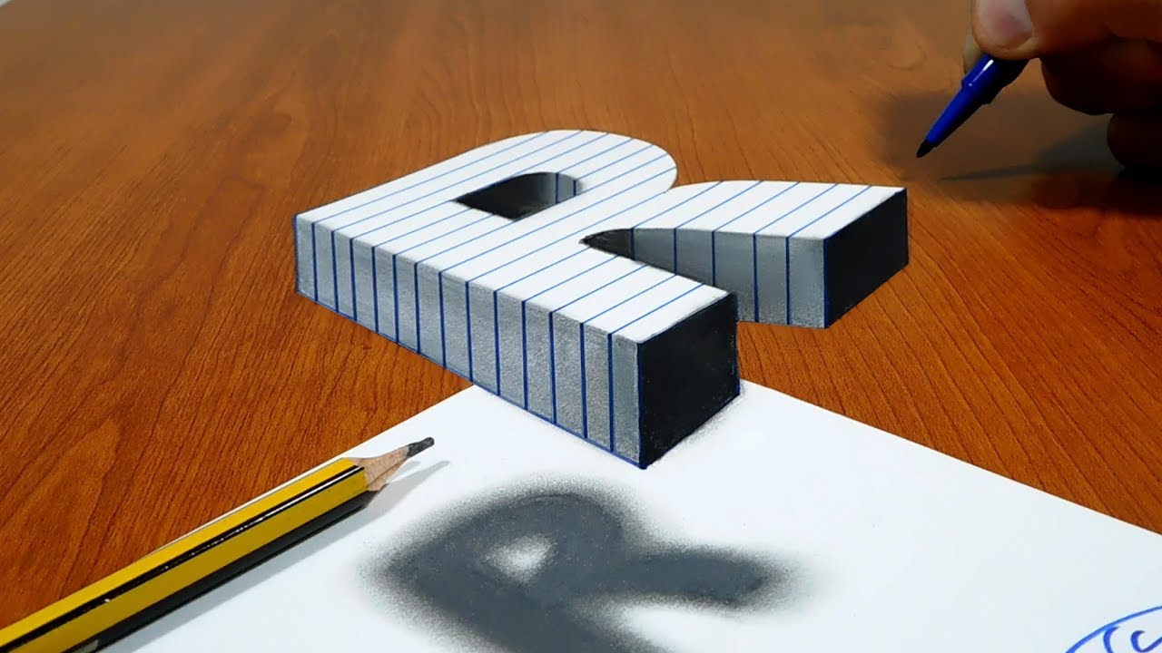 3D Trick Art On Line Paper, Floating Letter R