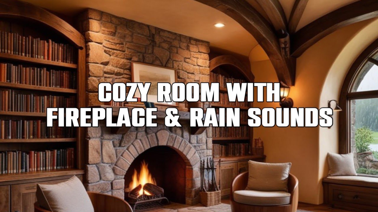 Rustic Ambiance with Rainy Window Views and Fireplace Glow for Relaxation or Study