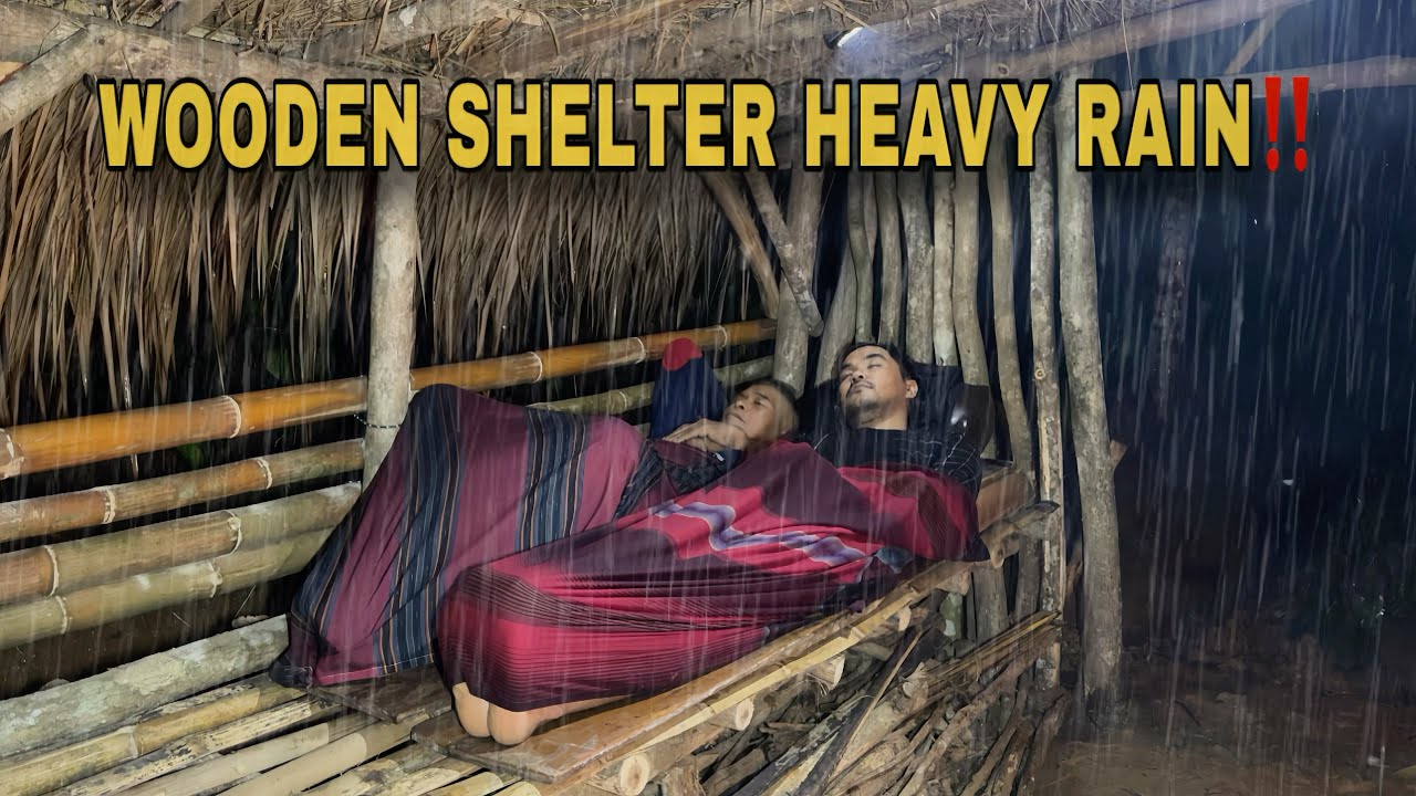 Building a Wooden Bushcraft Shelter in Heavy Rain & Thunderstorm | Wild Heavy Rain with My Dad‼️