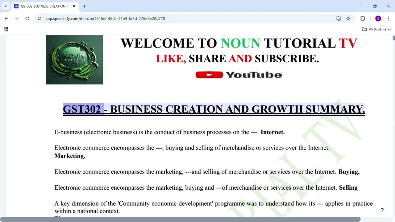 GST302 BUSINESS CREATION AND GROWTH SUMMARY.