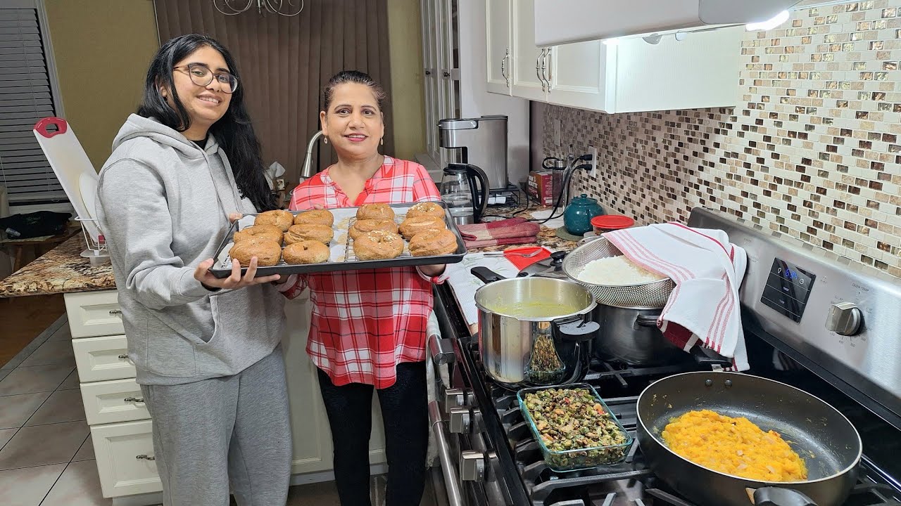 Easy homemade Bagels; While making dinner: Dhal, Pumpkin & Ochro. #family #fun