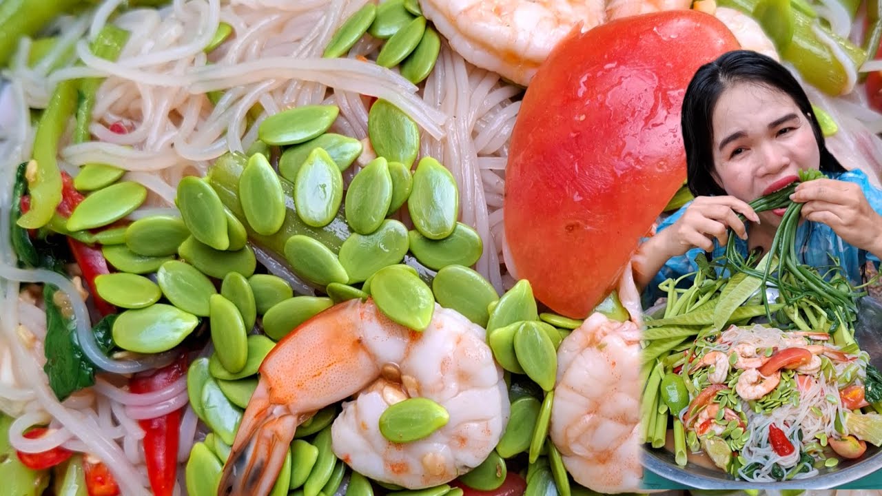 เมนูตำกุ้งสะดุ้งใส่ข้าวปุ้นใส่เม็ดกะถินแช่บจ้า