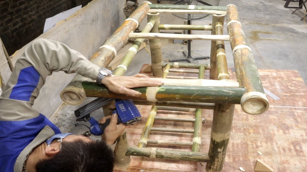 Skillful Asian Craftsman Making Outdoor Bamboo Tables-Making Homemade Bamboo Furniture-Crafts